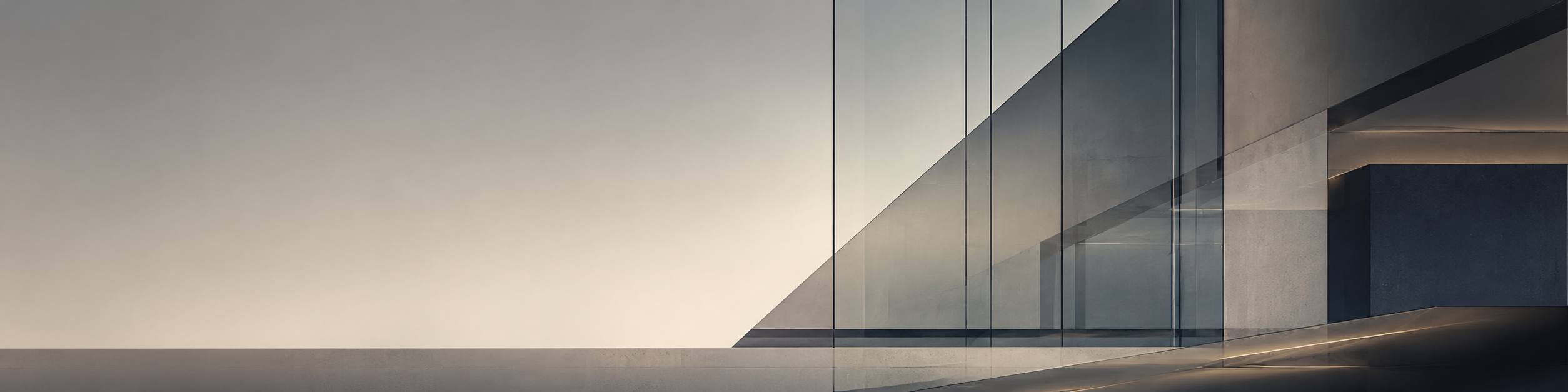 Geometric architecture in glass and stone, with soft light and clean lines.